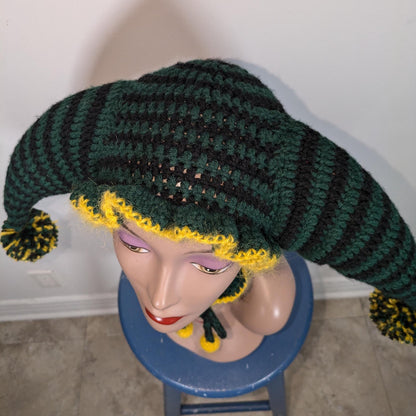 Forest Green Clown Hat With Yellow Frills, Pompoms & Balls