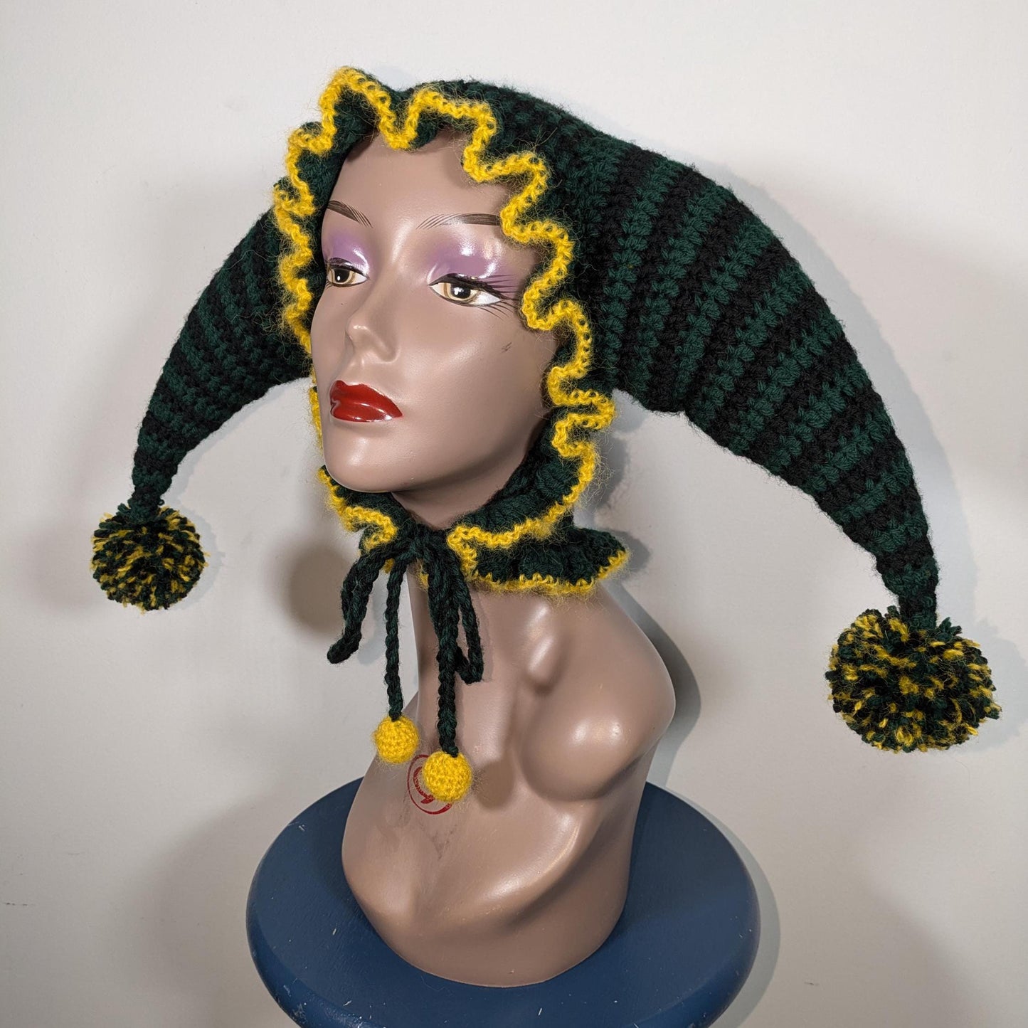 Forest Green Clown Hat With Yellow Frills, Pompoms & Balls